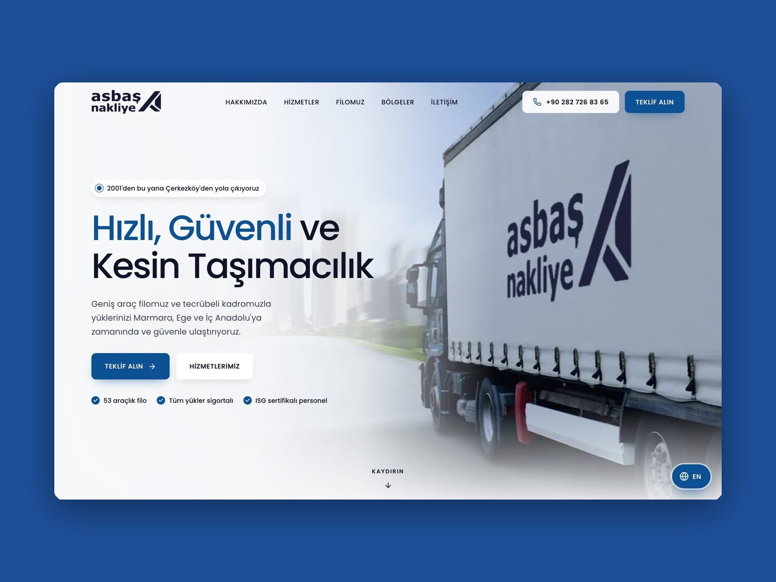 Asbaş Nakliye ana sayfası: “Hızlı, Güvenli ve Kesin Taşımacılık” başlığı ve tır