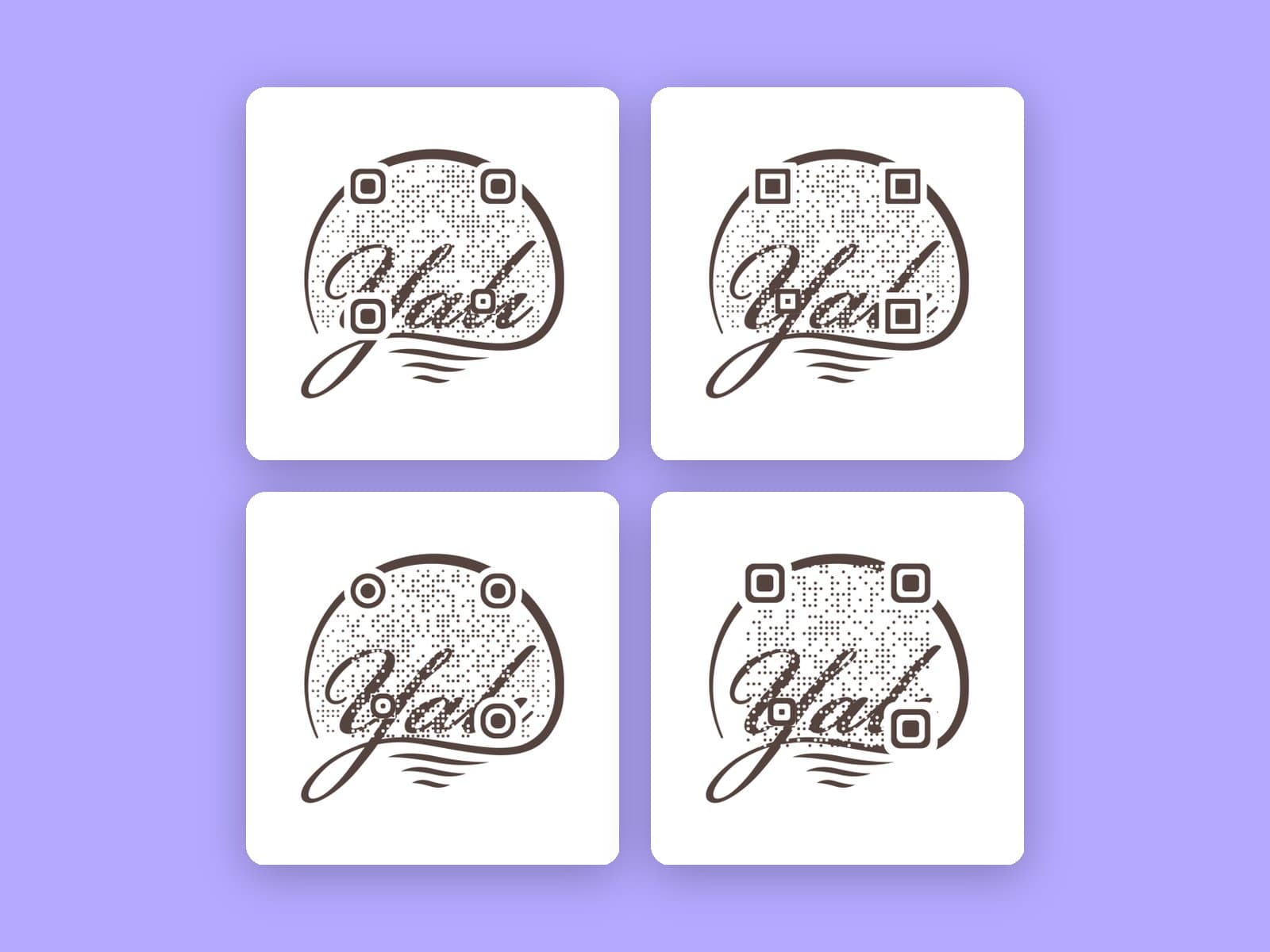 Yalı logosunun içine işlenmiş dört farklı QR kod tasarımı