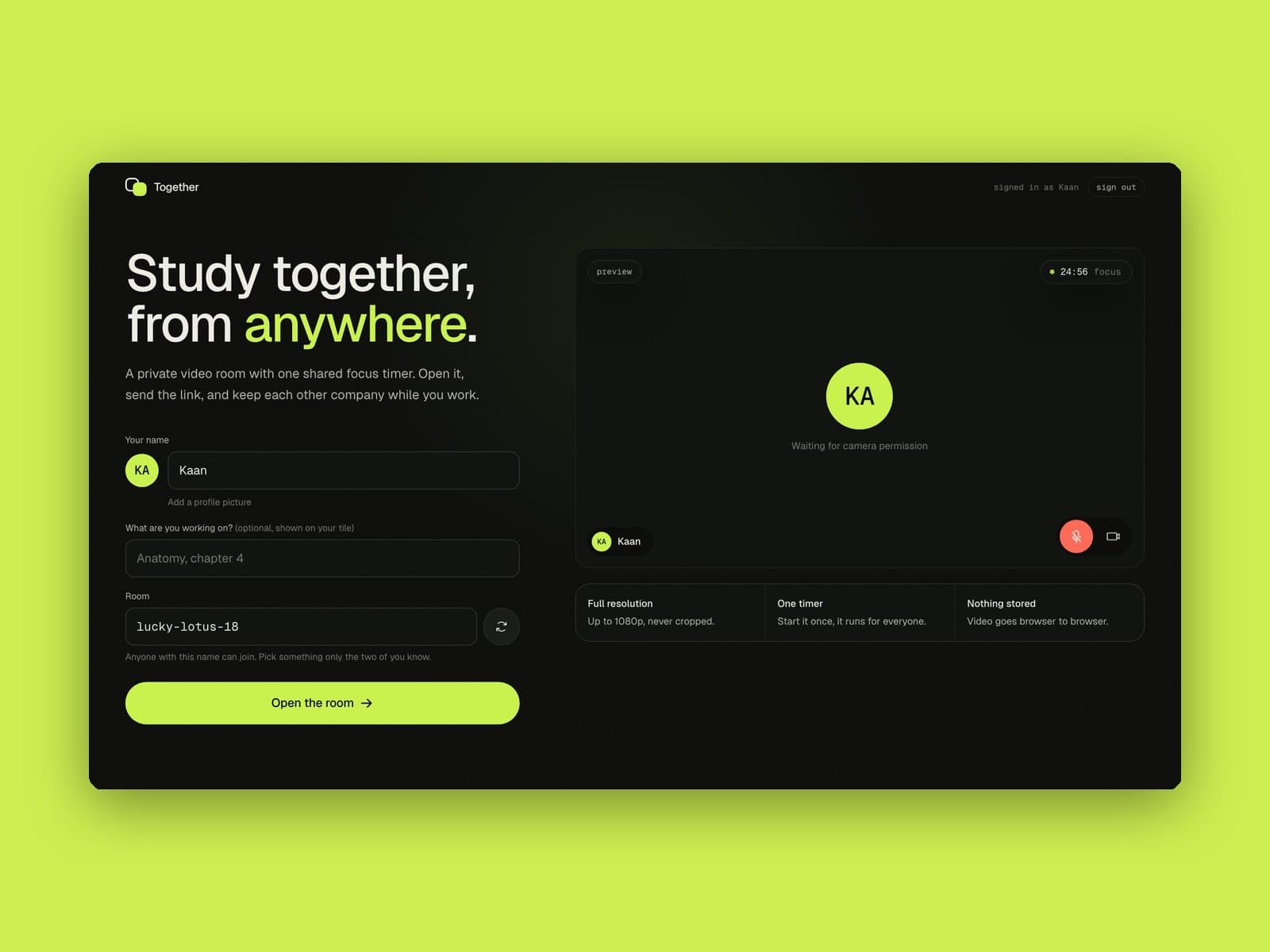 Together giriş ekranı: “Study together, from anywhere.” başlığı ve kamera önizlemesi