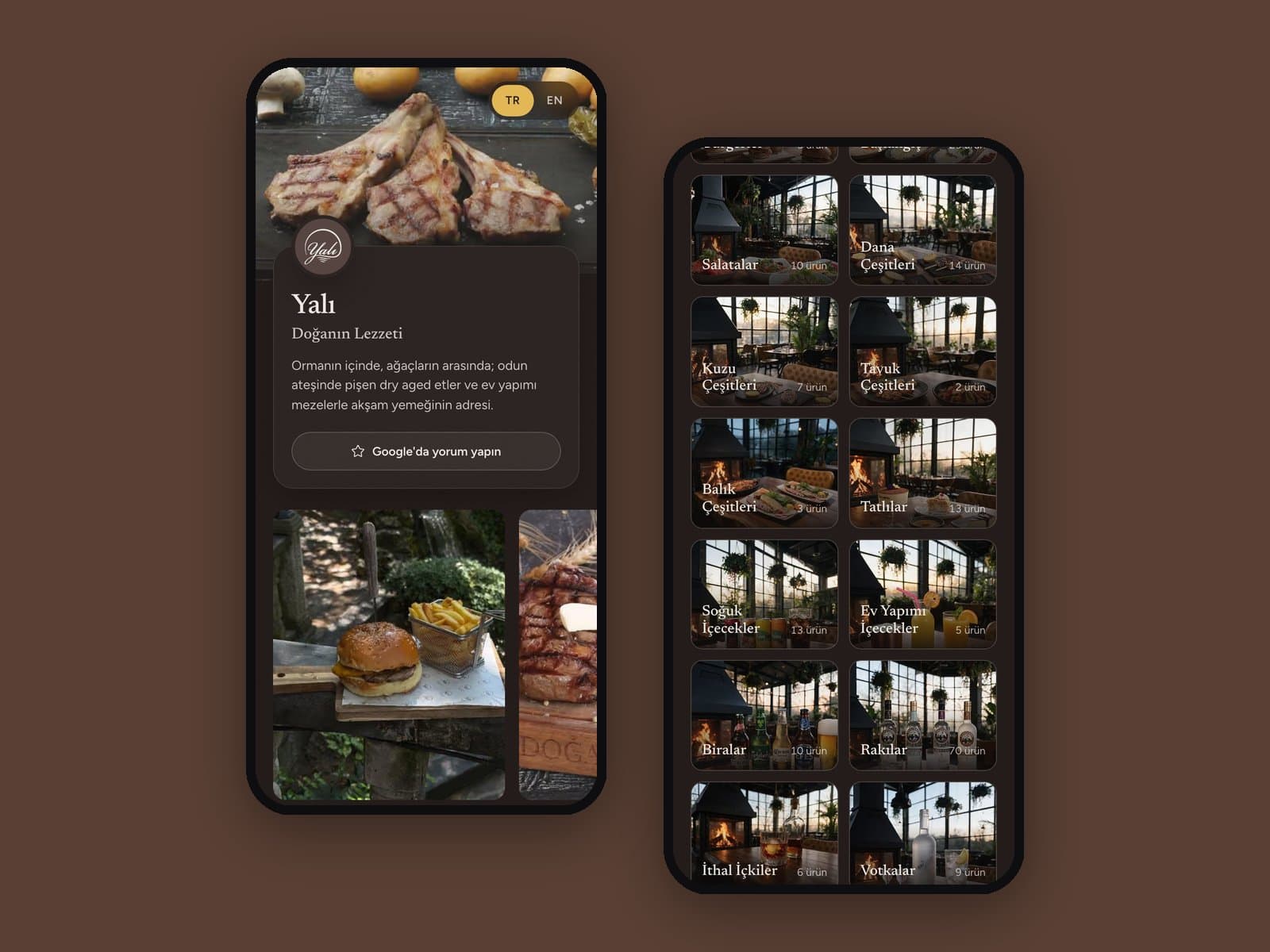 Yalı QR menüsünün iki telefon ekranı: restoran kartı ve fotoğraflı kategori panosu